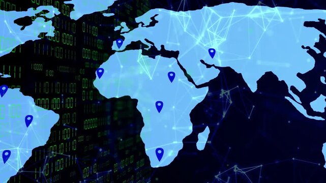 Blue blur sweeping, map revealing, pins appearing and lines pulsing, visualizing global data flow