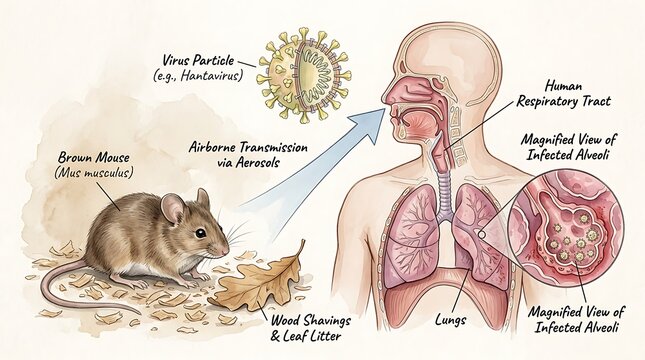 Medical Illustration of Hantavirus Transmission from Mouse to Human Respiratory System