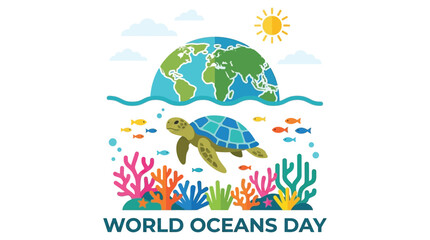 Obraz premium Sea Turtle And Globe Illustration With Coral Reef World Oceans Day