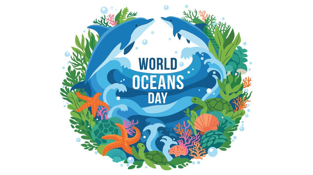 Marine life illustration with dolphins turtles and coral reef elements