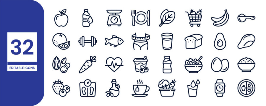 Nutrition and diet icon set 32 line art symbols for healthy eating and lifestyle concepts