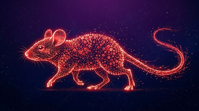 Glowing neon mouse, red dot art, particle illustration, futuristic animal