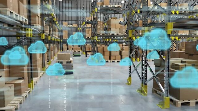 Cloud icons appearing above aisle starting AMRs navigating warehouse, sharing data for coordination