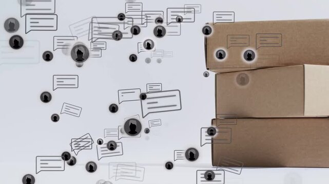 Avatars entering from left drifting toward box stack and clustering to show community engagement