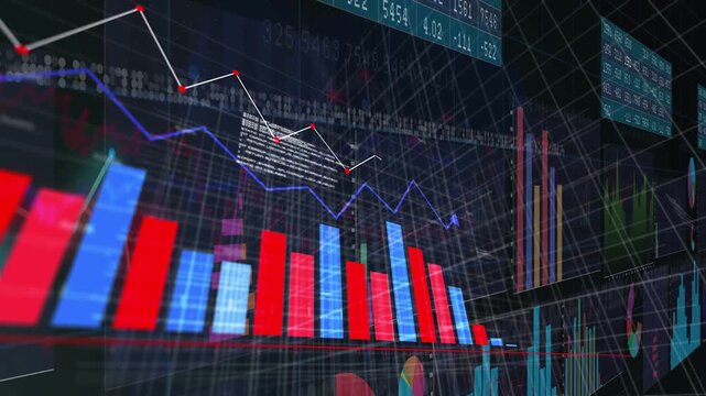 Camera starting right pan, financial chart block shifting bars, tracing downtrend to show decline