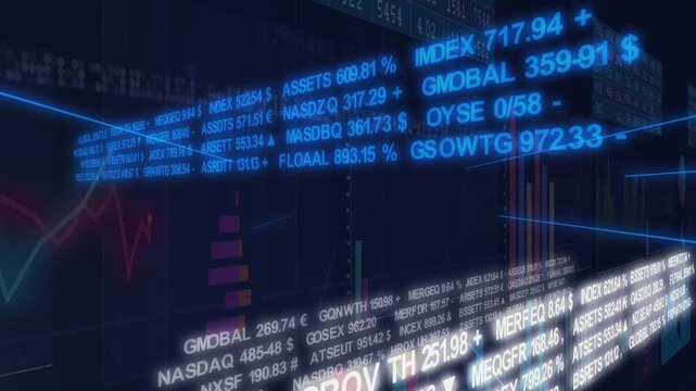Camera sweeping corner, finance wall revealing charts and scrolling ticker visualizing markets