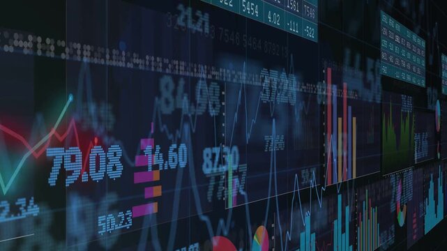 Viewpoint sliding right, display wall showing charts, tickers updating to visualize market trends