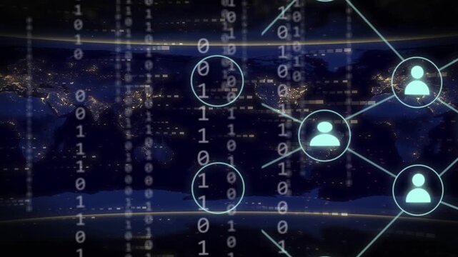 Binary streams appearing, user icons glowing, growing, linking and pulsing, showing global network