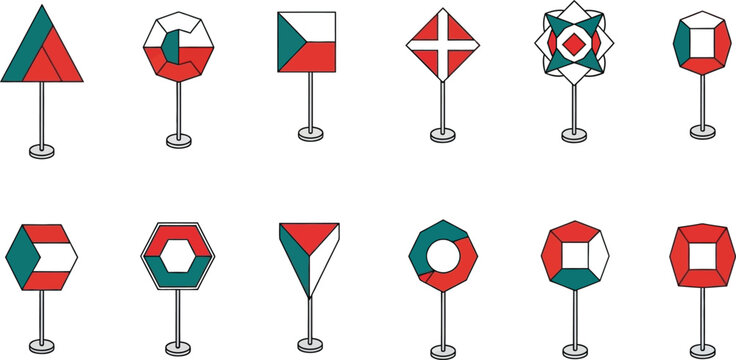 Set of international maritime signal flags and buoy icons with maritime flag