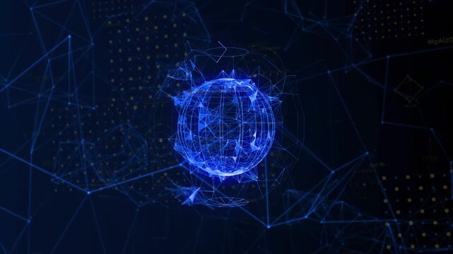 Orbiting bright node contacting wireframe sphere, globe pulsing and growing to show network growth