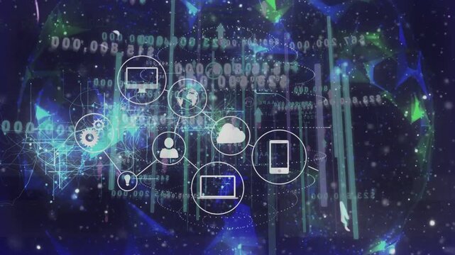 Scrolling code and pulsing bars activating cloud icon, devices appearing, linking, showing network