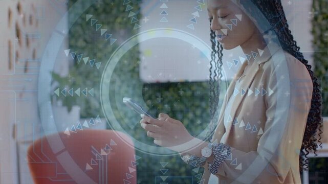 Woman tapping phone in office, starting AR HUD and arrow icons, scrolling and reading business data