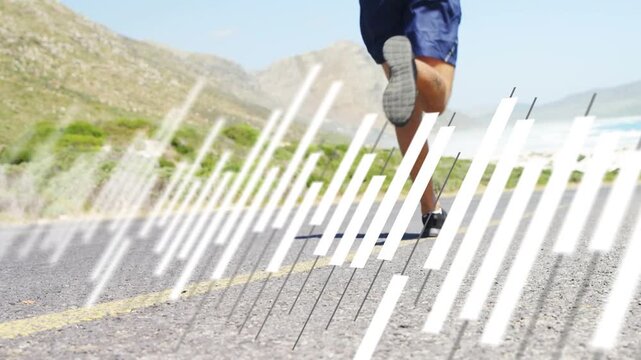 Male runner stepping onto coastal road, starting fitness run with white diagonal bars sweeping
