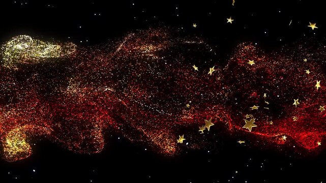 Golden ribbon unraveling from bright right cluster across space, scattering stars for branding