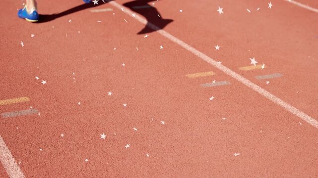 Female runner entering right, running across sports track, step causing star sparkles, exiting left