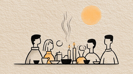 Families Gathering Around Thanksgiving Dinner Table Steam Rises Homemade Dishes Candles Glow Softly   Gratitude and Family Connection Vintage Ink Illustration   © piai