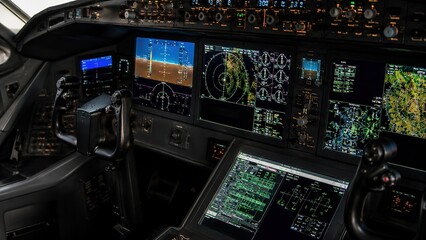 Fototapeta premium Aircraft cockpit controls aviation simulator digital dashboard high-tech environment pilot's perspective interactive flying concepts for training and experience
