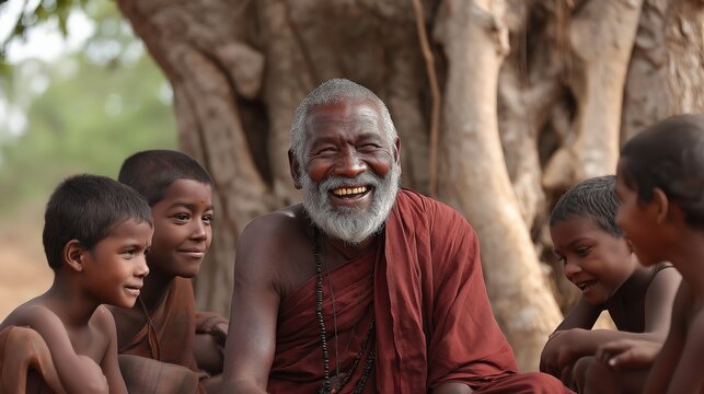 An elderly man with a joyful smile sits with four children outdoors near a large tree, sharing a moment of happiness and connection.