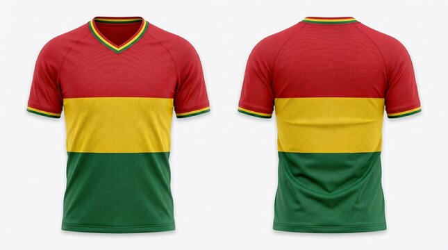 Front and back view of a red, yellow and green vneck sports jersey
