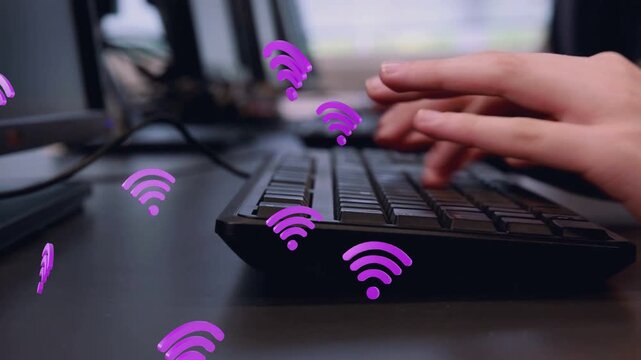 First key starting purple icons, hands moving into focus, typing on keyboard to show network