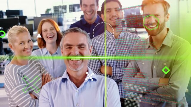 Lead man posing, neon green scan sweeping across group, camera expanding revealing team for promo