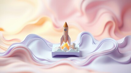 Obraz premium Stylized rocket launch. Soft pastel colors create dreamy, fluid background. Minimalist design emphasizes space exploration concept.