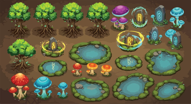 Fantasy game environment assets, magical forest landscape elements with glowing runes and mystic ponds, 2D game map vector set