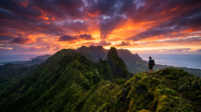 Hiker standing on a mountain ridge overlooking a lush green valley and the ocean at a dramatic sunset