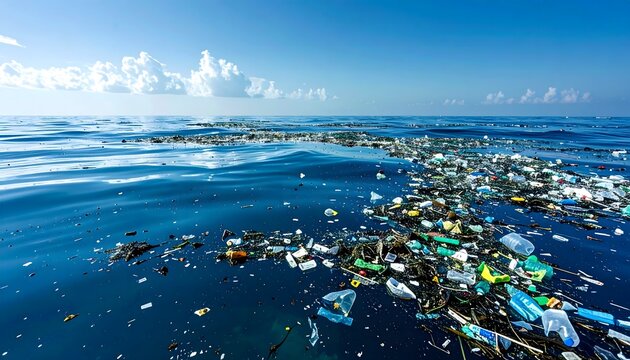 Dense Floating Patch of Plastic Waste Polluting the Open Ocean Surface.