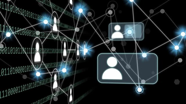 Binary plane activating, nodes lighting and linking, profile cards shifting forward to show network
