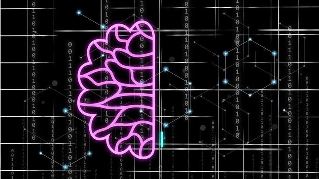 Magenta stroke starting neon brain, left filling grooves while cyan right wiring toward lighting AI