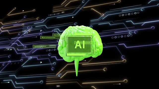 Neon green AI brain routing incoming pulses chip pulsing boxes sliding arrows moving showing data
