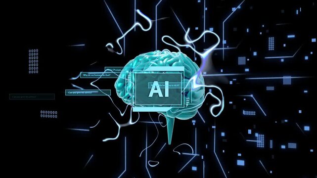 Turquoise 3D brain appearing with AI panel, pulsing tendrils, floating UI boxes, showing AI core