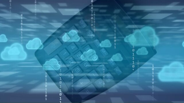 Data pulse starting keypad rotating, fading while clouds drifting, bits falling showing cloud sync