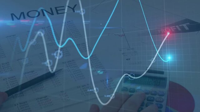 Hand pressing calculator starting cyan white lines moving, nodes lighting, showing MONEY analysis