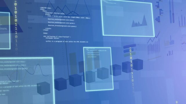 Glowing frame appearing 3D bars holding neon frames drifting binary columns scrolling showing data