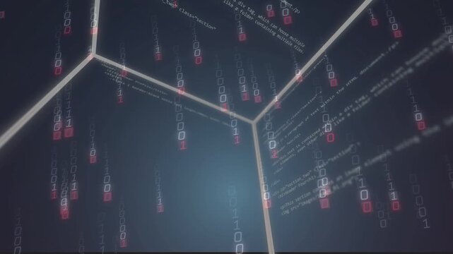 3D data chamber on code pulse, orbiting cam, seams glowing, binary tokens falling, visualizing data