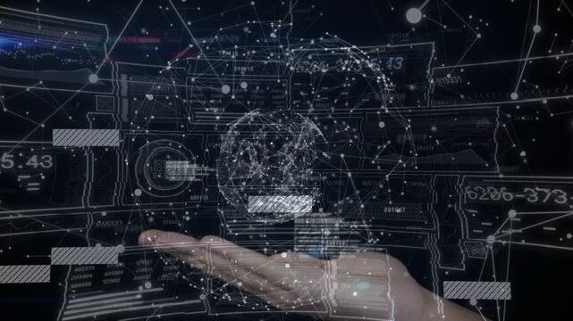 Hand entering holding palm up bars sliding dots fusing forming spinning mesh globe showing data