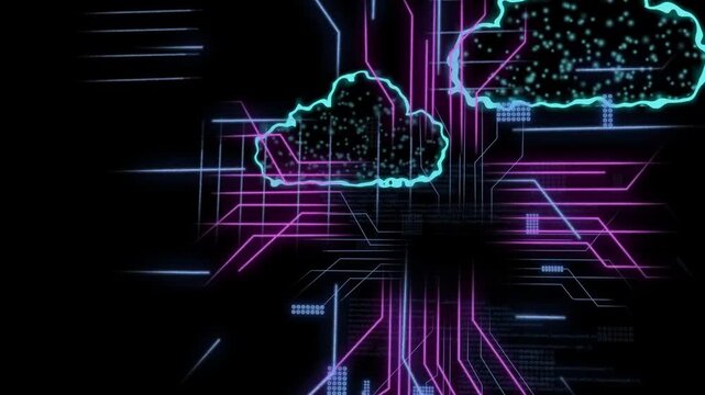 Pulse initiating neon cloud icons emerging streaming pixels, code into vertical spine showing data