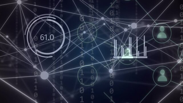 Glowing node network reacting to camera shift, revealing gauges and icons visualizing live data