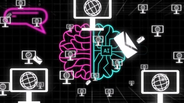 Single neon pink stroke starting split brain, monitors orbiting and icons moving, showing network