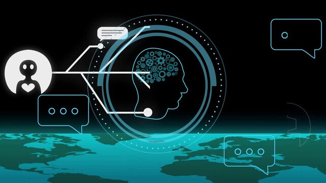Gear-filled head HUD pulsing, receiving AI connector triggered by incoming chats to process data