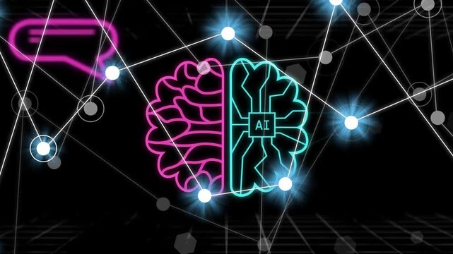 Vertical neon stroke starting nodes emerging and lines linking into bicolored brain visualizing AI