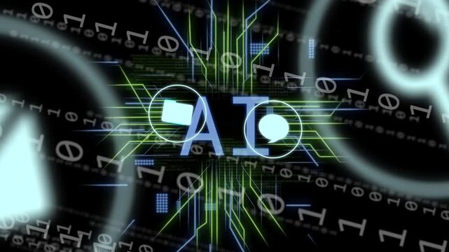 Central AI hub powering up, radiating neon traces and connecting icons, visualizing data flow