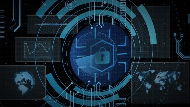 Radial sweep starting, circular security HUD expanding, rotating, revealing hex shield locking data