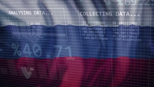 Pie slice appearing, HUD panels collecting and analysing data, showing metrics over waving flag