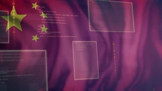 Square appearing, red flag motif anchoring, waving while panels floating, fading revealing stars