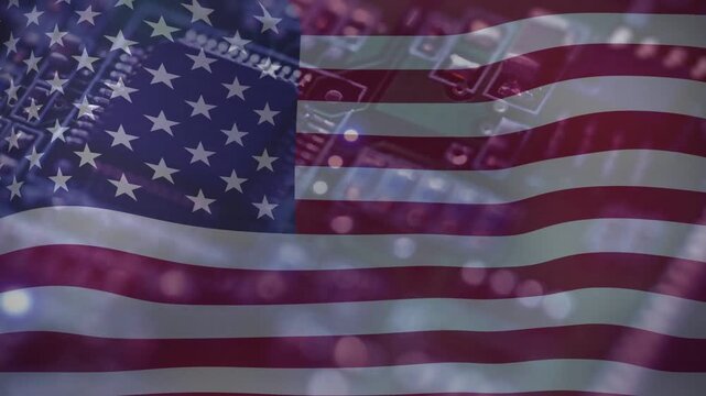 On loop start sheer US flag waving slowly while bokeh pulsing and circuitry fading for brand