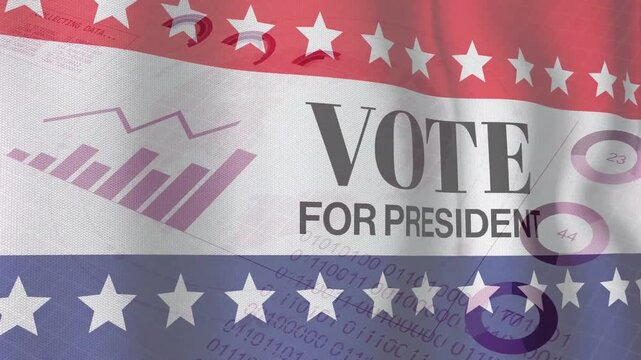 On load VOTE FOR PRESIDENT banner waving, purple bars rising, rings updating, showing election data