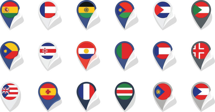 Collection of location pin icons with national flags map marker collection
